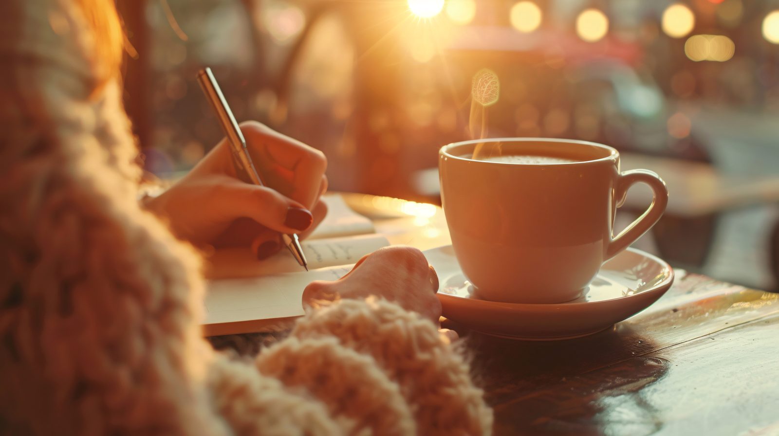 Coffee cup, notebook, and pen