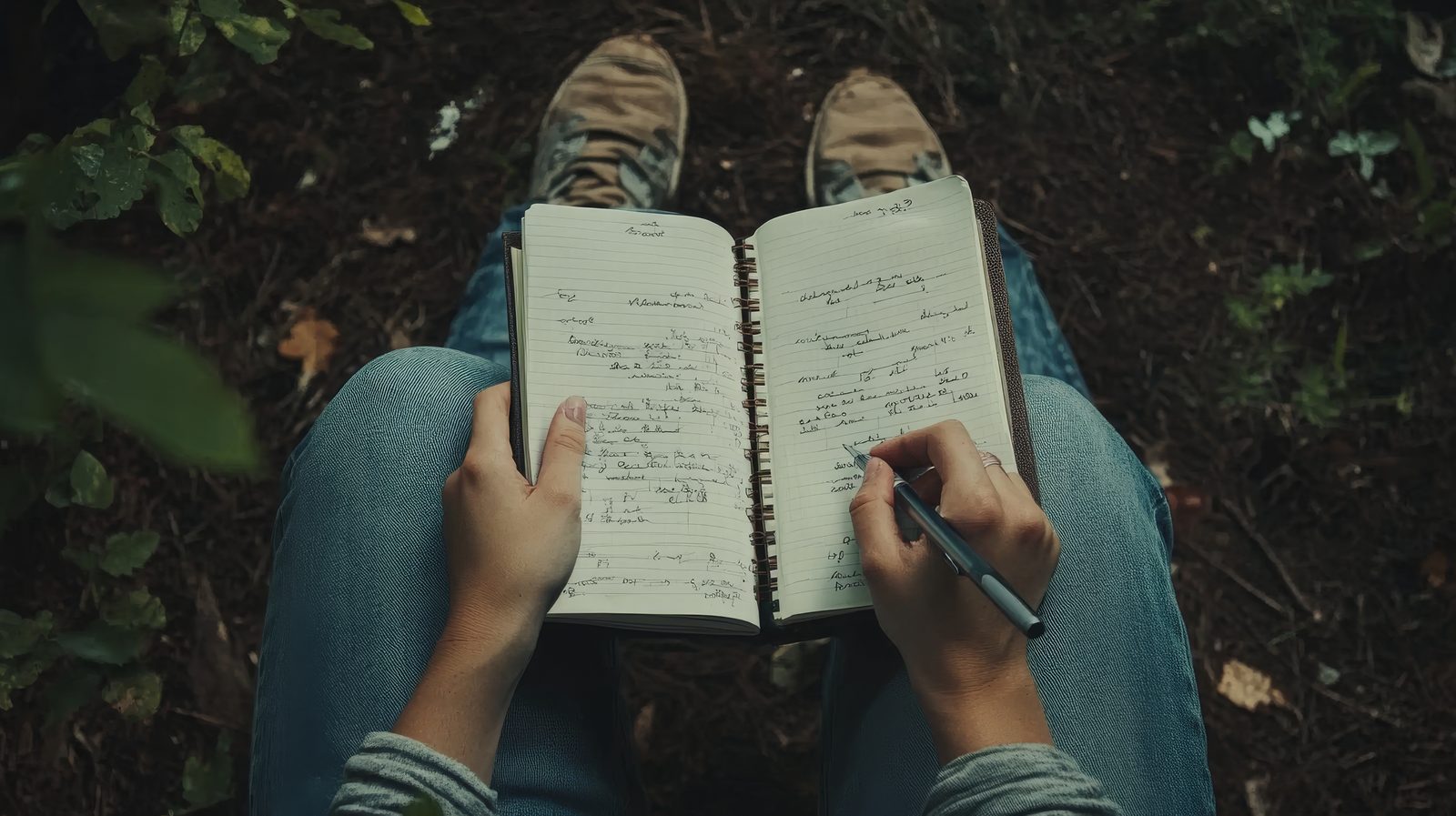 Overhead view of a person sitting outdoors, writing in a spiral notebook
